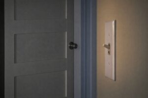 En ljusknapp bredvid en grå dörr i en dämpat belyst lokal.