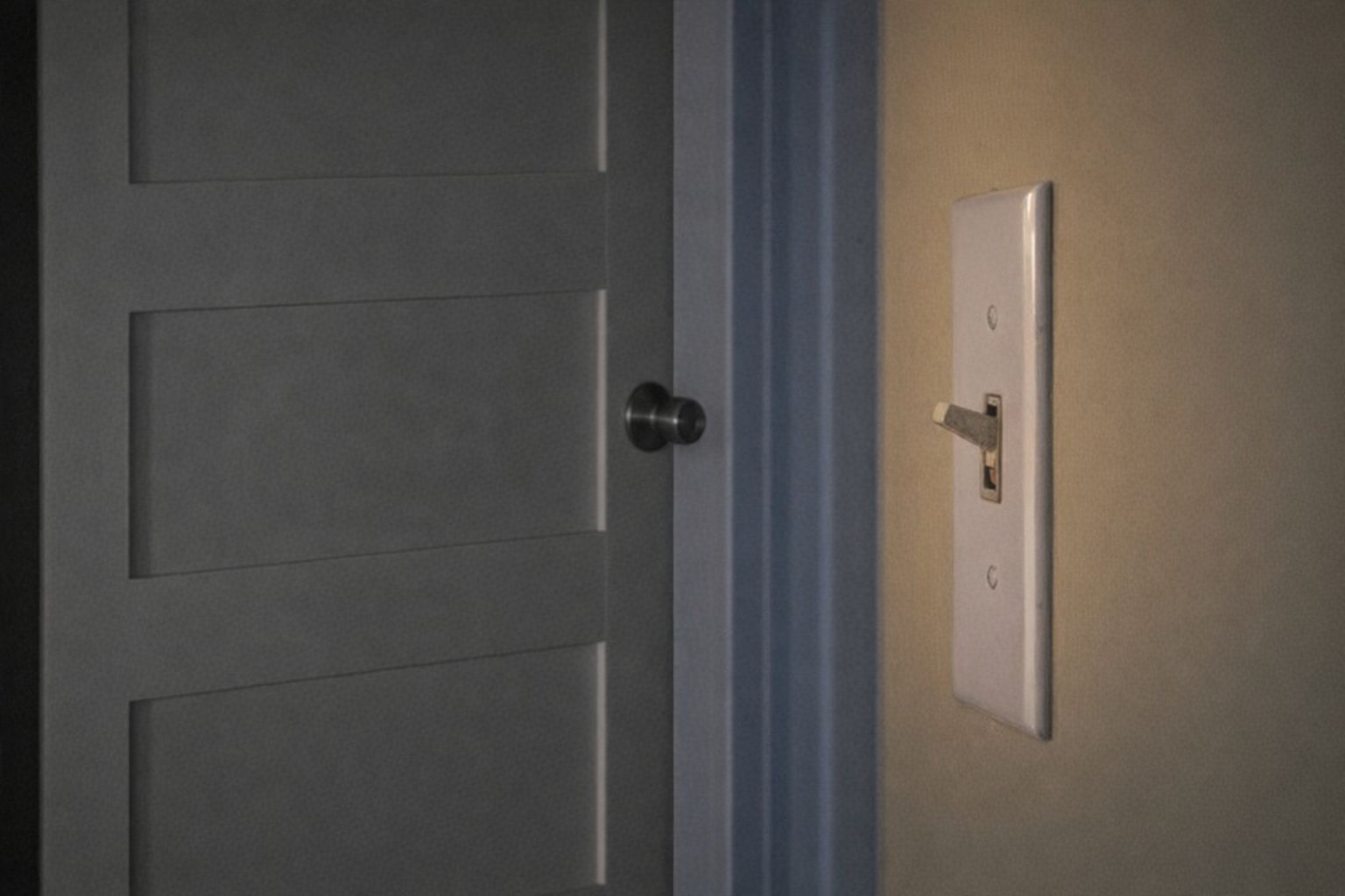 En ljusknapp bredvid en grå dörr i en dämpat belyst lokal.